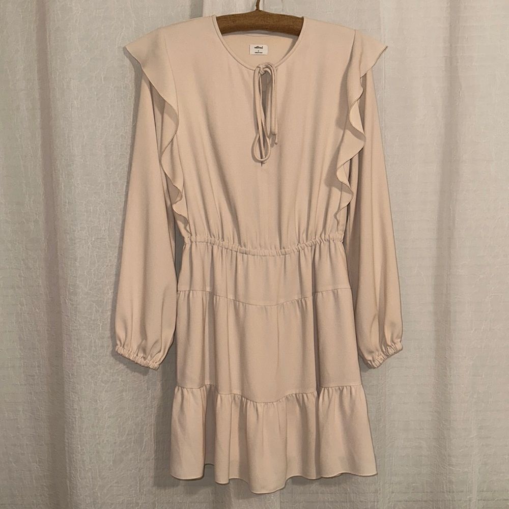 Wilfred S Beige Long Sleeve Tie Front Flutter Shoulder Details Tiered Dress